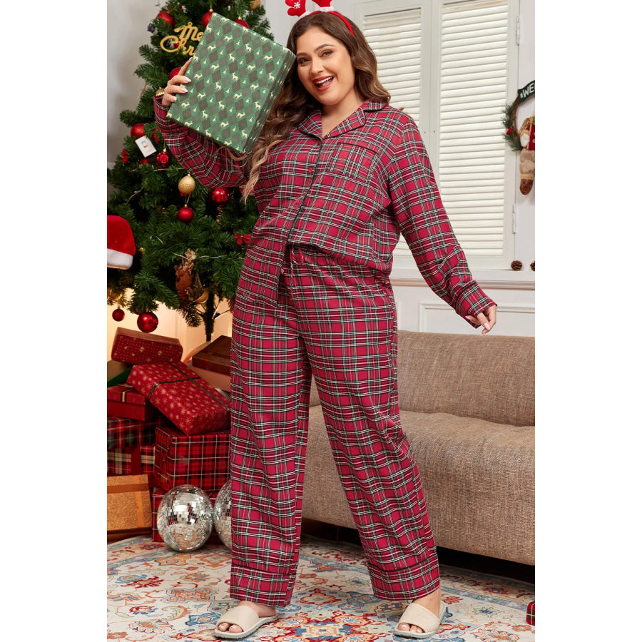 Plus Size Plaid Collared Neck Top and Pants Lounge Set Plaid / 1XL Apparel and Accessories