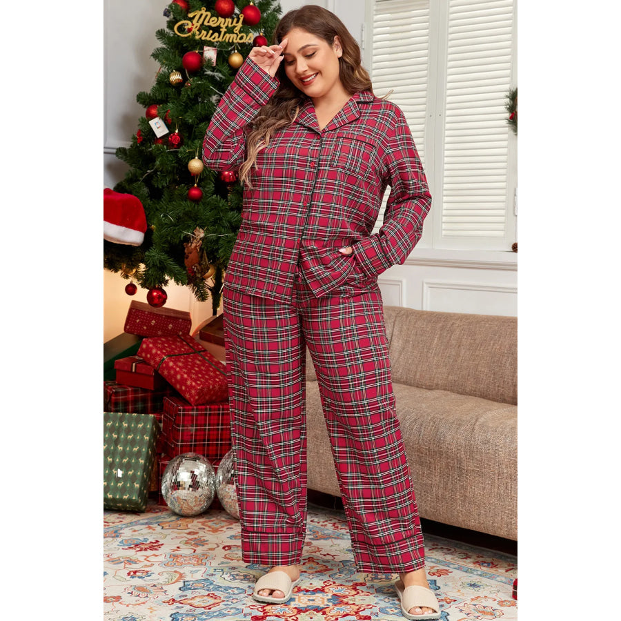 Plus Size Plaid Collared Neck Top and Pants Lounge Set Apparel and Accessories