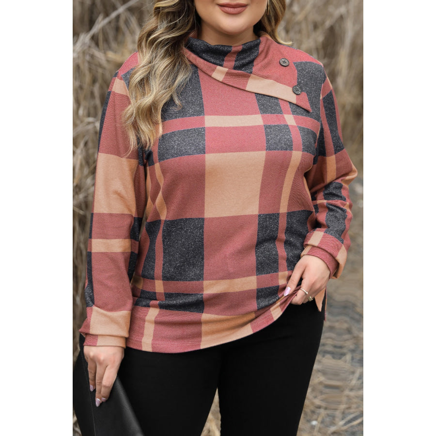 Plus Size Plaid Cowl Neck Long Sleeve Sweatshirt Plaid / 1XL Apparel and Accessories