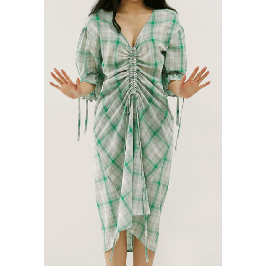 Plus Size Plaid Drawstring Detail Flounce Sleeve Dress Gum Leaf / L