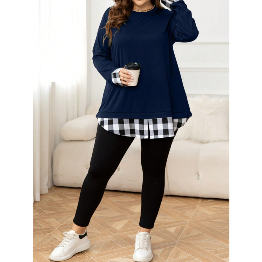 Plus Size Plaid Hem Round Neck Long Sleeve Sweatshirt Apparel and Accessories