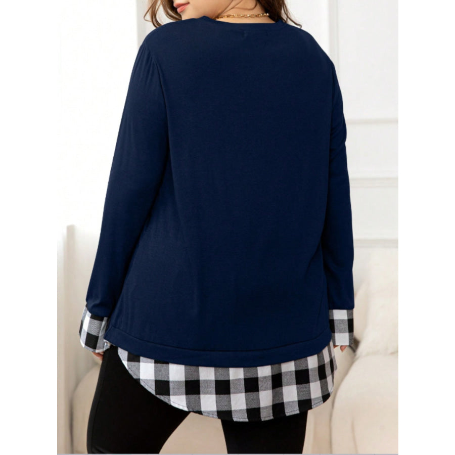 Plus Size Plaid Hem Round Neck Long Sleeve Sweatshirt Dark Navy / 0XL Apparel and Accessories