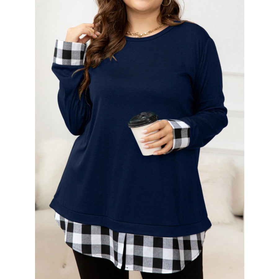 Plus Size Plaid Hem Round Neck Long Sleeve Sweatshirt Dark Navy / 0XL Apparel and Accessories