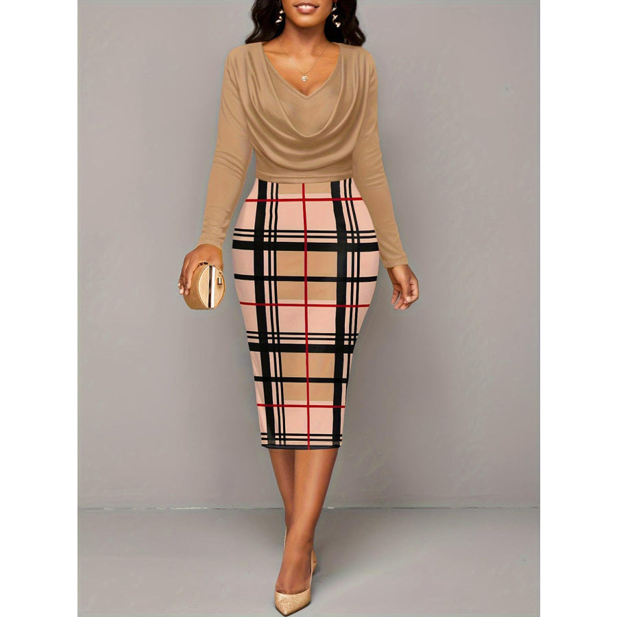 Plus Size Plaid Long Sleeve Mini Dress Tan / 1XL Apparel and Accessories