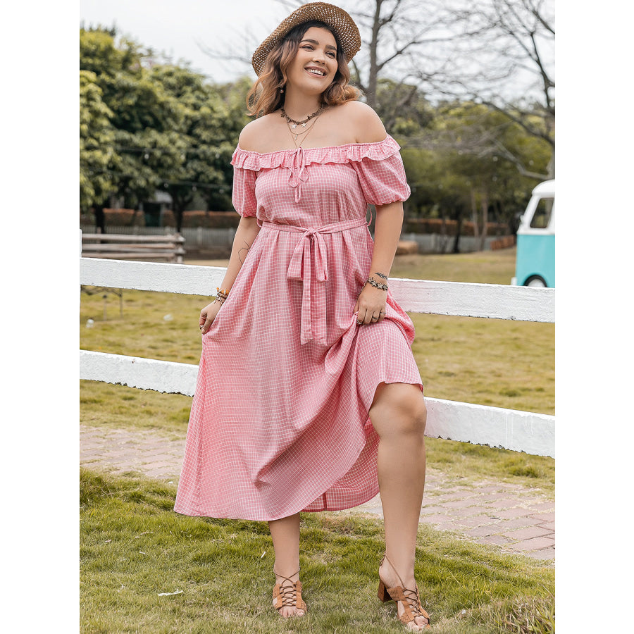 Plus Size Plaid Off-Shoulder Short Sleeve Midi Dress Dress