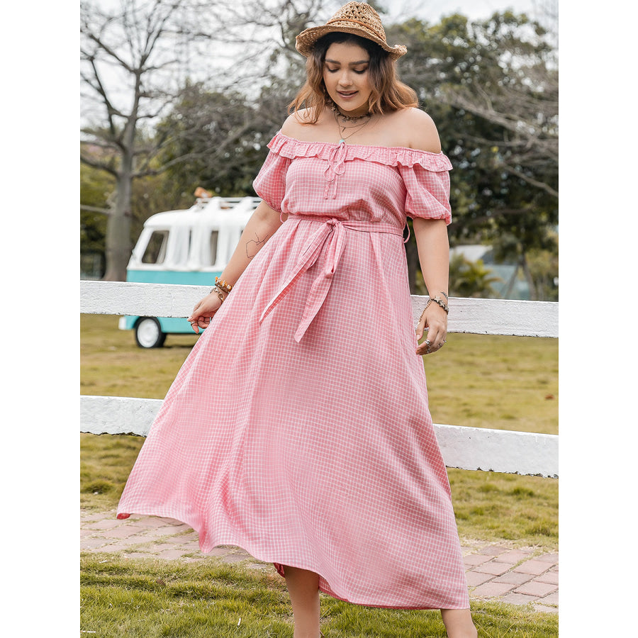 Plus Size Plaid Off-Shoulder Short Sleeve Midi Dress Dress