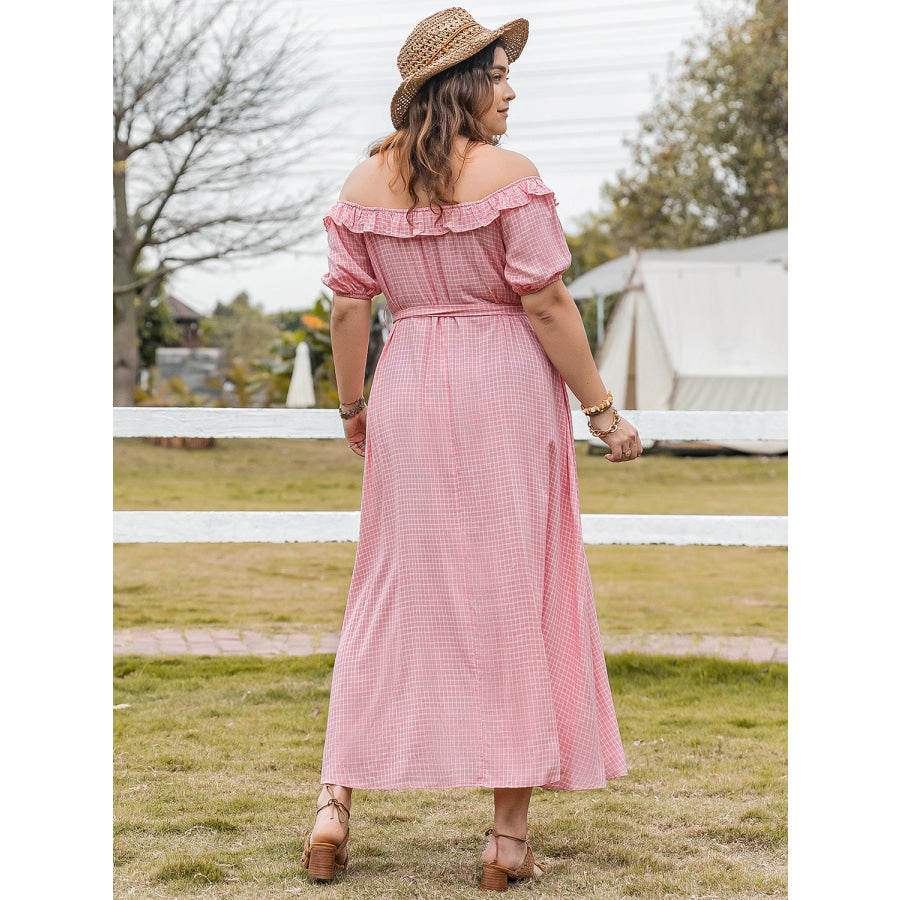 Plus Size Plaid Off-Shoulder Short Sleeve Midi Dress Blush Pink / 1XL Dress