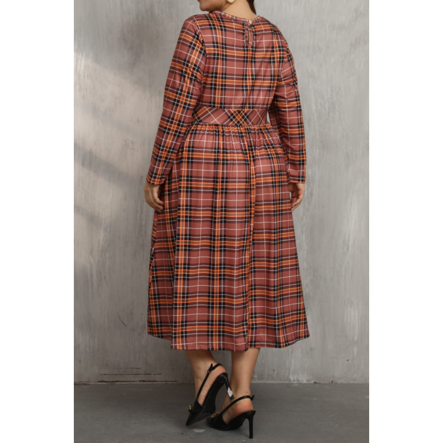 Plus Size Plaid Round Neck Long Sleeve Midi Dress Apparel and Accessories