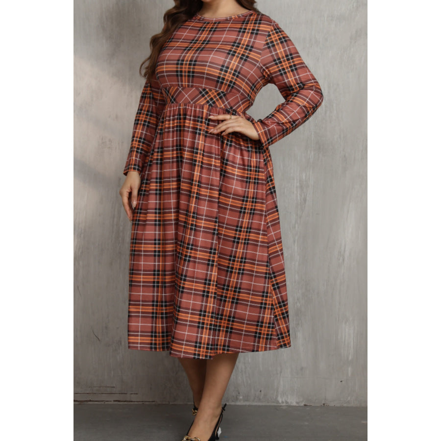 Plus Size Plaid Round Neck Long Sleeve Midi Dress Mocha / 0XL Apparel and Accessories