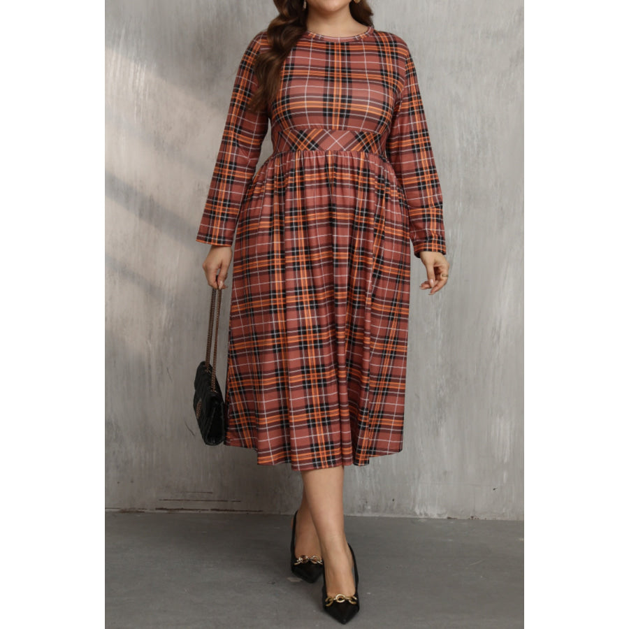 Plus Size Plaid Round Neck Long Sleeve Midi Dress Mocha / 0XL Apparel and Accessories