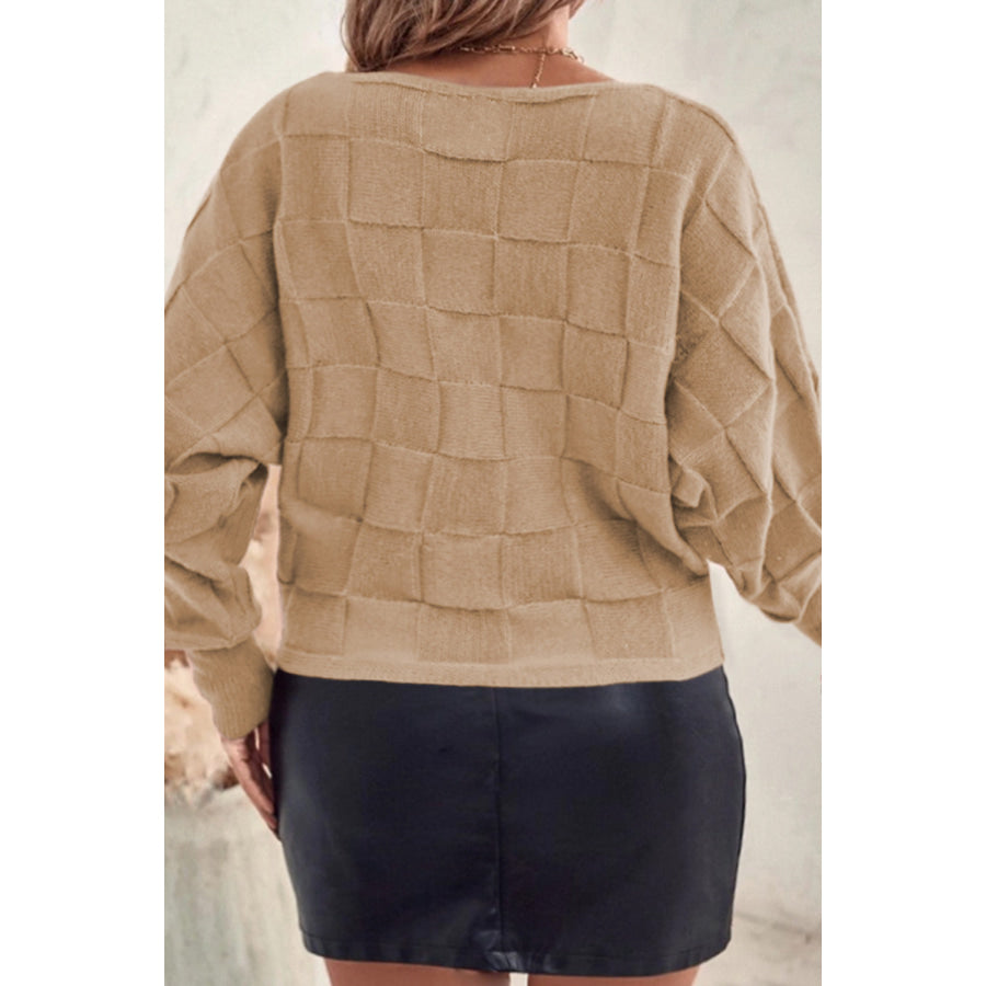 Plus Size Plaid Round Neck Sweater Tan / 1XL Apparel and Accessories