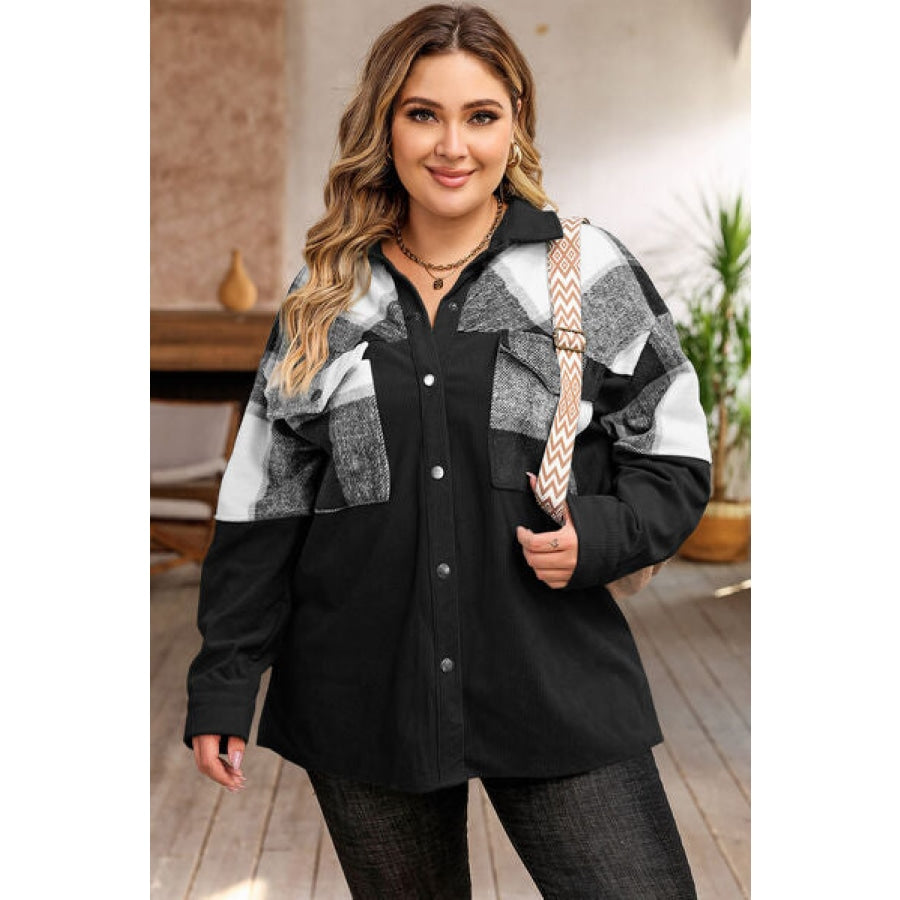 Plus Size Plaid Snap Down Jacket with Pockets Clothing