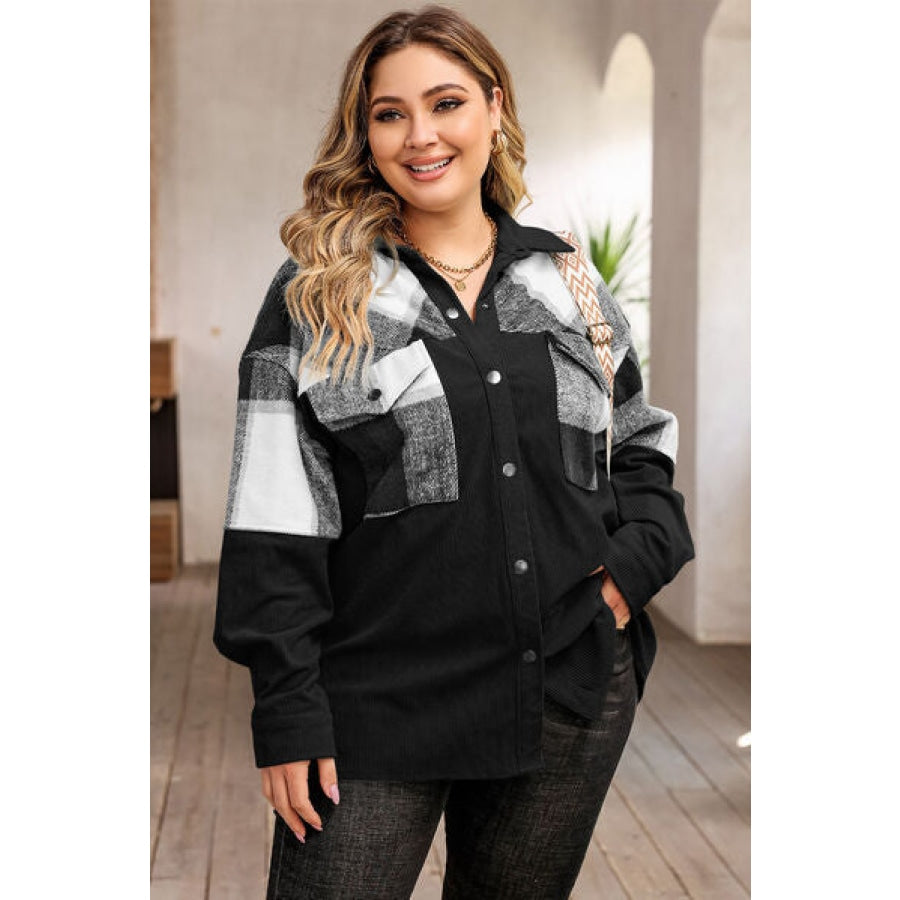 Plus Size Plaid Snap Down Jacket with Pockets Clothing