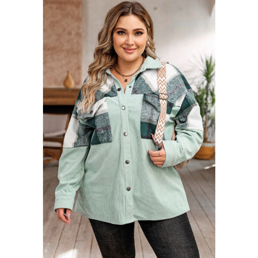 Plus Size Plaid Snap Down Jacket with Pockets Clothing