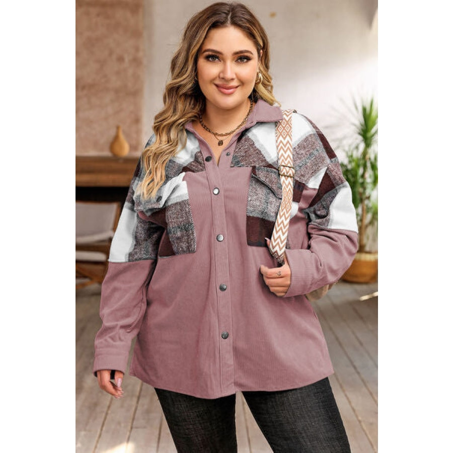 Plus Size Plaid Snap Down Jacket with Pockets Clothing