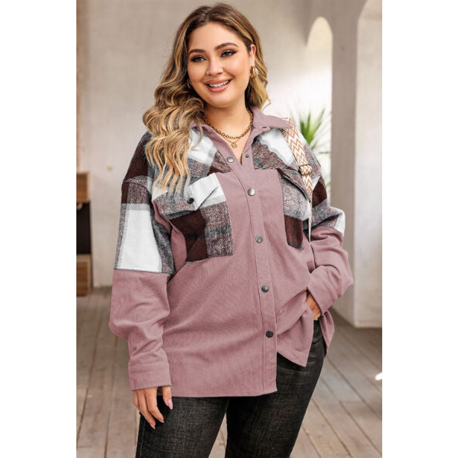 Plus Size Plaid Snap Down Jacket with Pockets Clothing