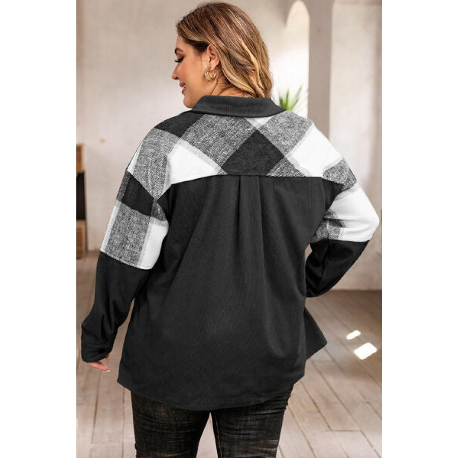 Plus Size Plaid Snap Down Jacket with Pockets Clothing