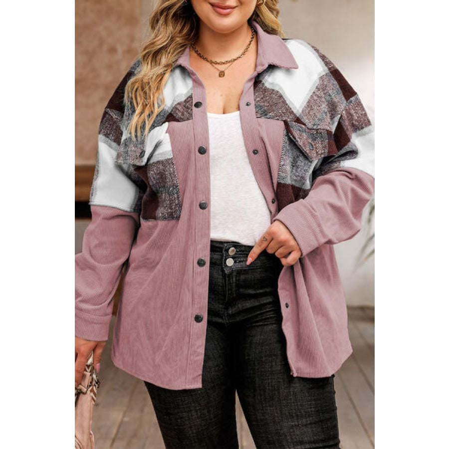 Plus Size Plaid Snap Down Jacket with Pockets Moonlit Mauve / 1XL Clothing