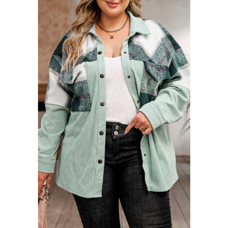 Plus Size Plaid Snap Down Jacket with Pockets Sage / 1XL Clothing