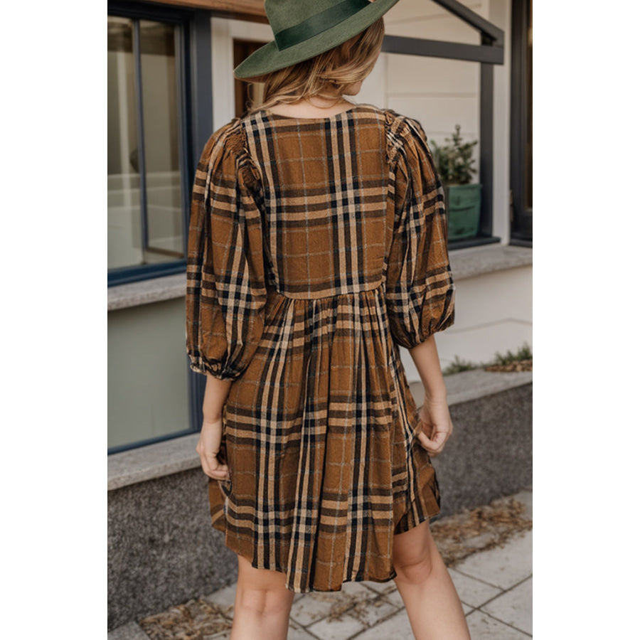 Plus Size Plaid V-Neck Balloon Sleeve Mini Dress Dark Brown / 1XL Apparel and Accessories