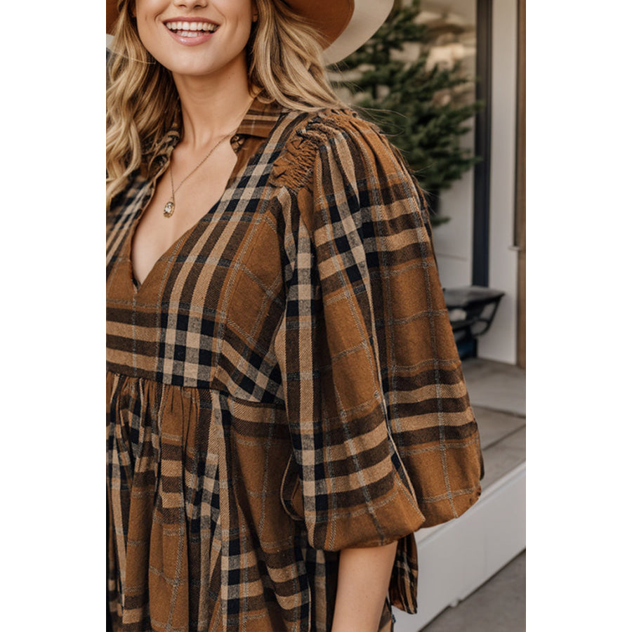 Plus Size Plaid V-Neck Balloon Sleeve Mini Dress Apparel and Accessories