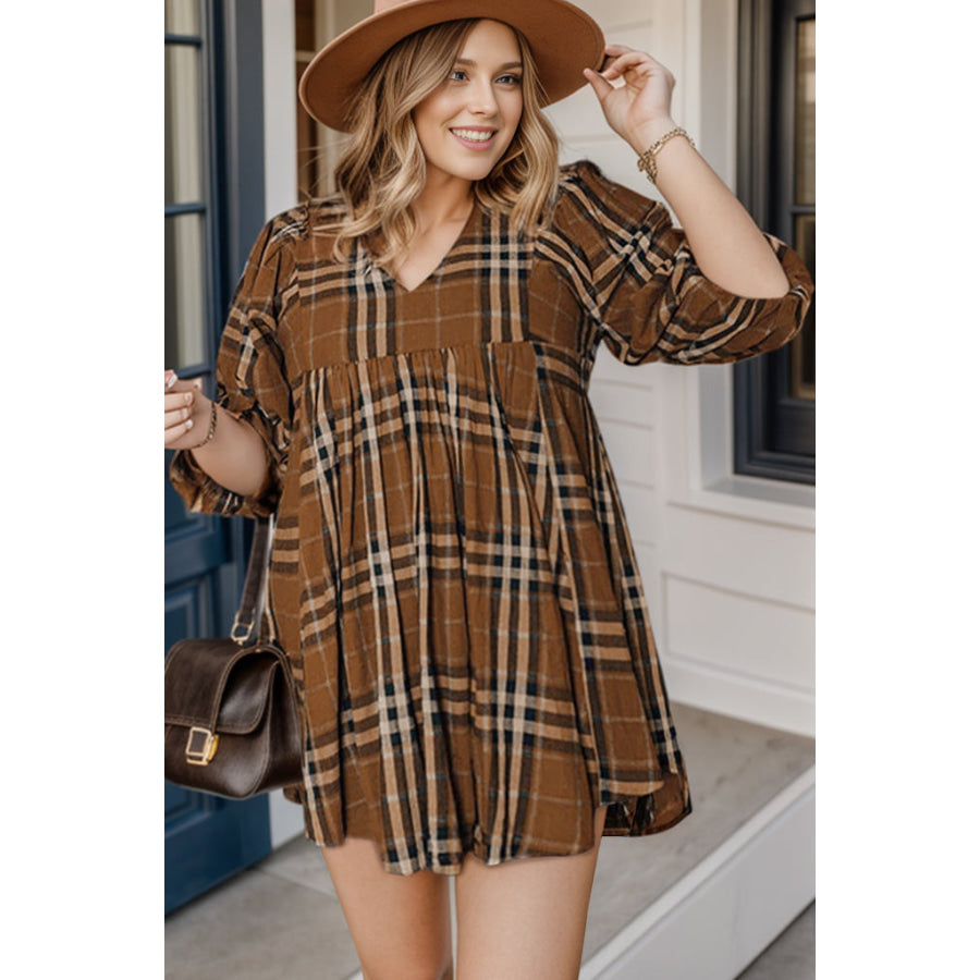 Plus Size Plaid V-Neck Balloon Sleeve Mini Dress Dark Brown / 1XL Apparel and Accessories