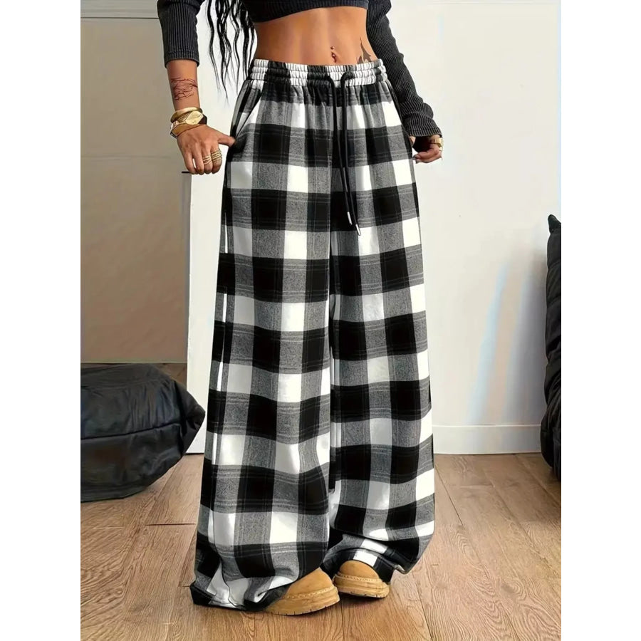 Plus Size Plaid Wide-Leg Drawstring Pants Apparel and Accessories