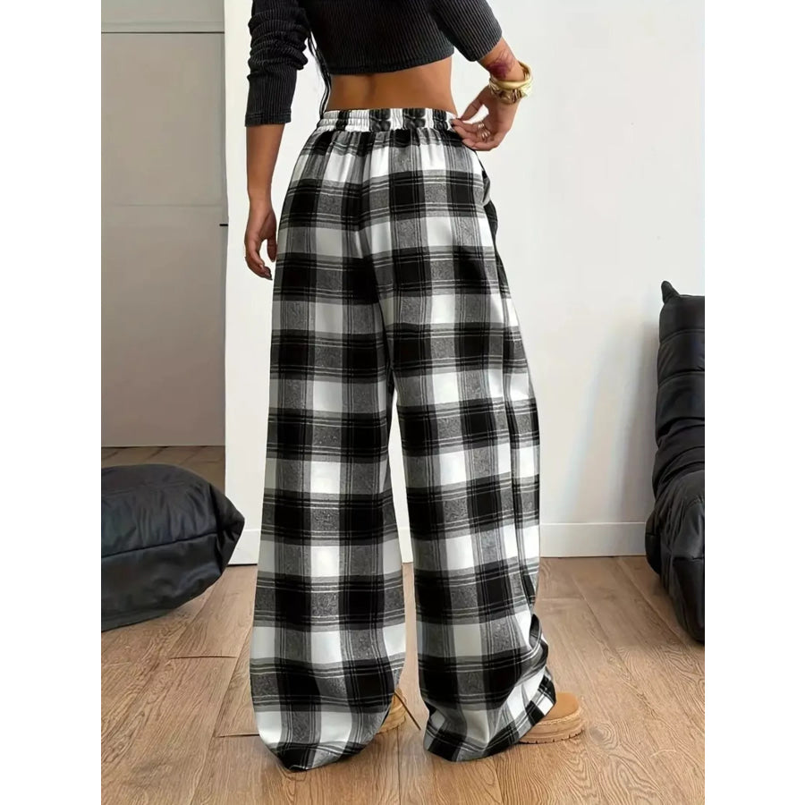Plus Size Plaid Wide-Leg Drawstring Pants Apparel and Accessories