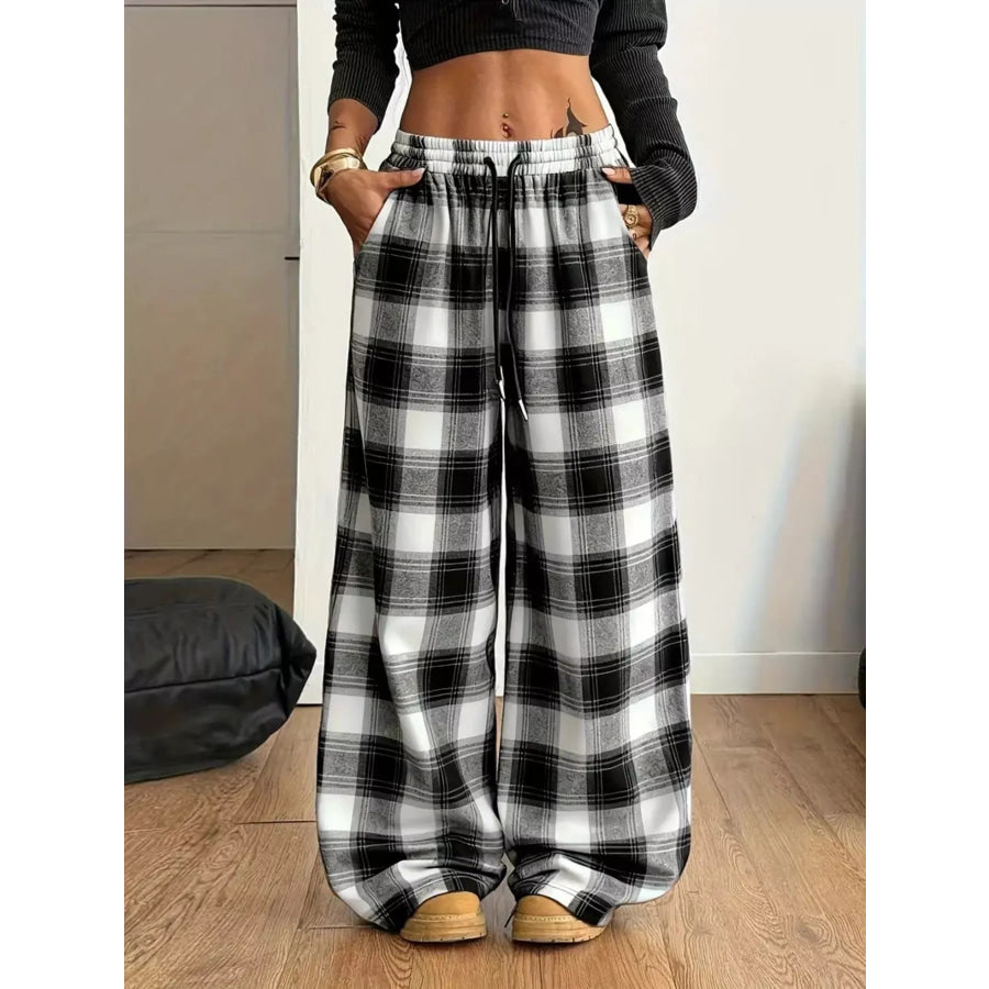 Plus Size Plaid Wide-Leg Drawstring Pants Black And White / 0XL Apparel and Accessories