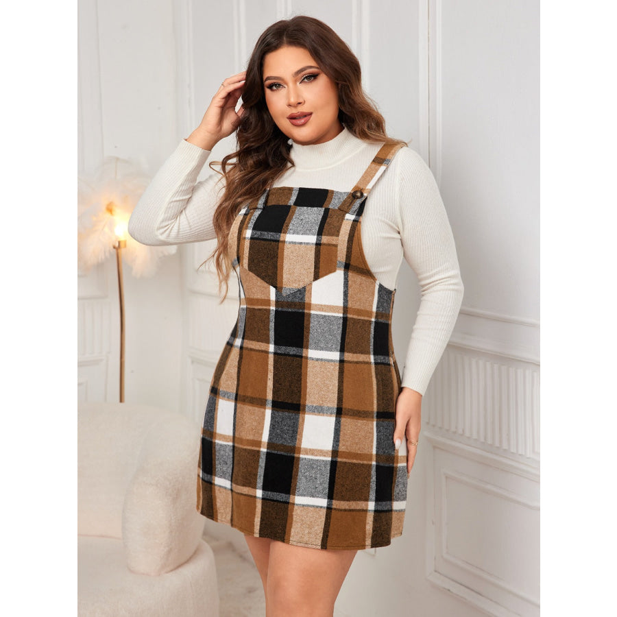 Plus Size Plaid Wide Strap Overall Dress Apparel and Accessories