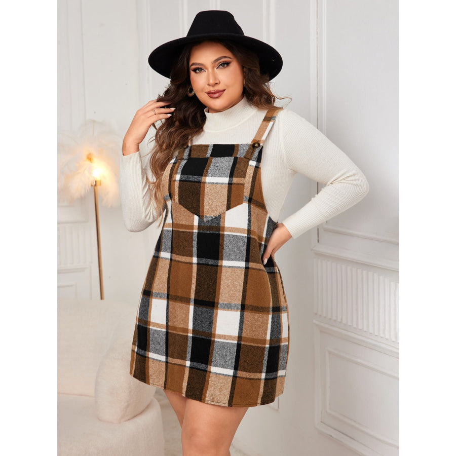 Plus Size Plaid Wide Strap Overall Dress Apparel and Accessories