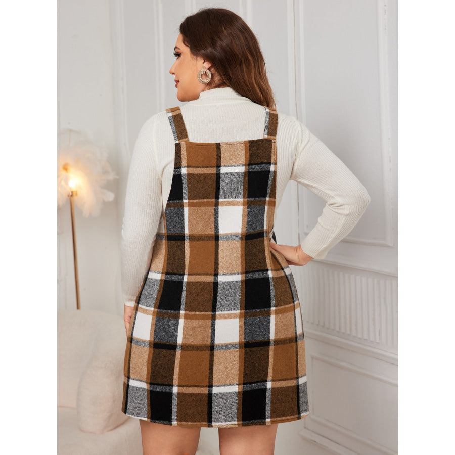 Plus Size Plaid Wide Strap Overall Dress Apparel and Accessories