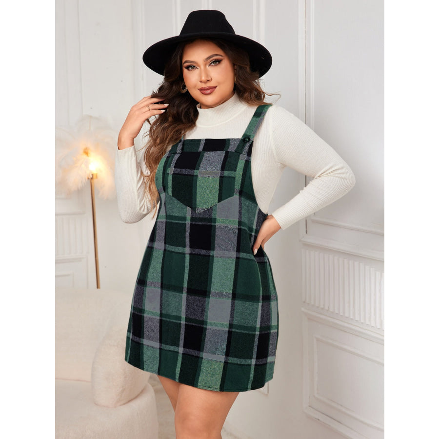 Plus Size Plaid Wide Strap Overall Dress Apparel and Accessories