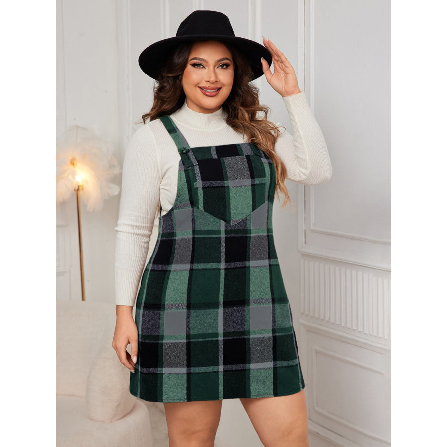 Plus Size Plaid Wide Strap Overall Dress Apparel and Accessories