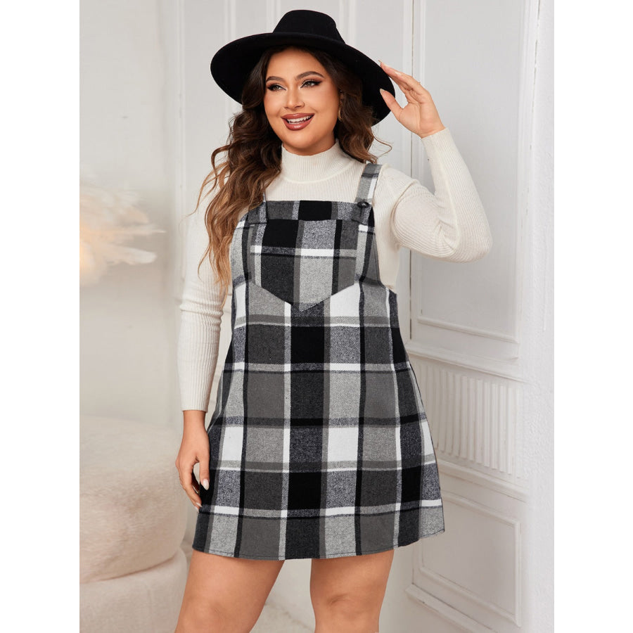 Plus Size Plaid Wide Strap Overall Dress Black / 1XL Apparel and Accessories