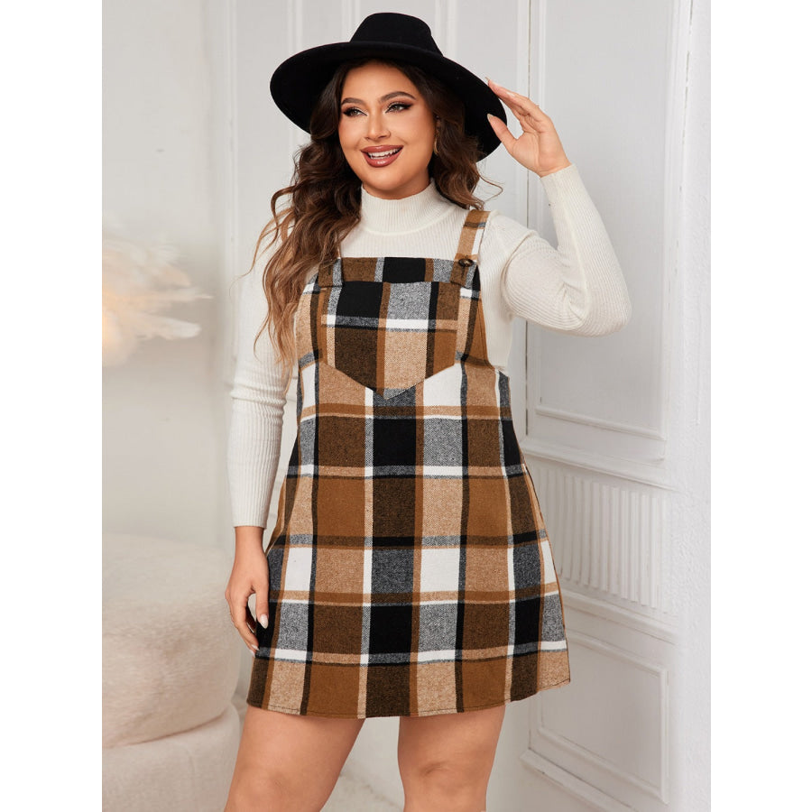 Plus Size Plaid Wide Strap Overall Dress Caramel / 1XL Apparel and Accessories