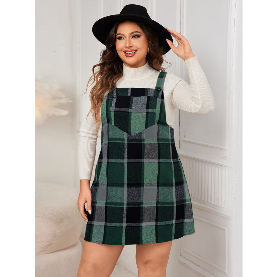 Plus Size Plaid Wide Strap Overall Dress Dark Green / 1XL Apparel and Accessories