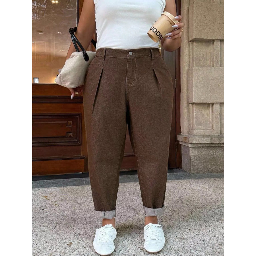 Plus Size Pleated Detail Loose Fit Jeans Brown / L Apparel and Accessories