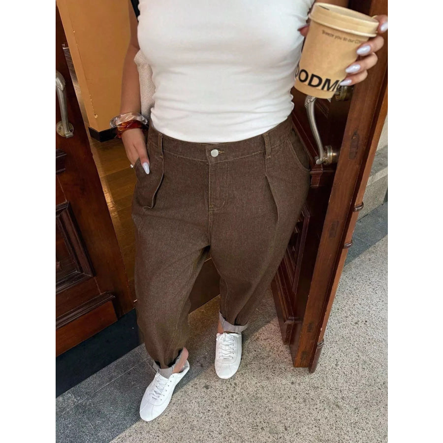 Plus Size Pleated Detail Loose Fit Jeans Apparel and Accessories