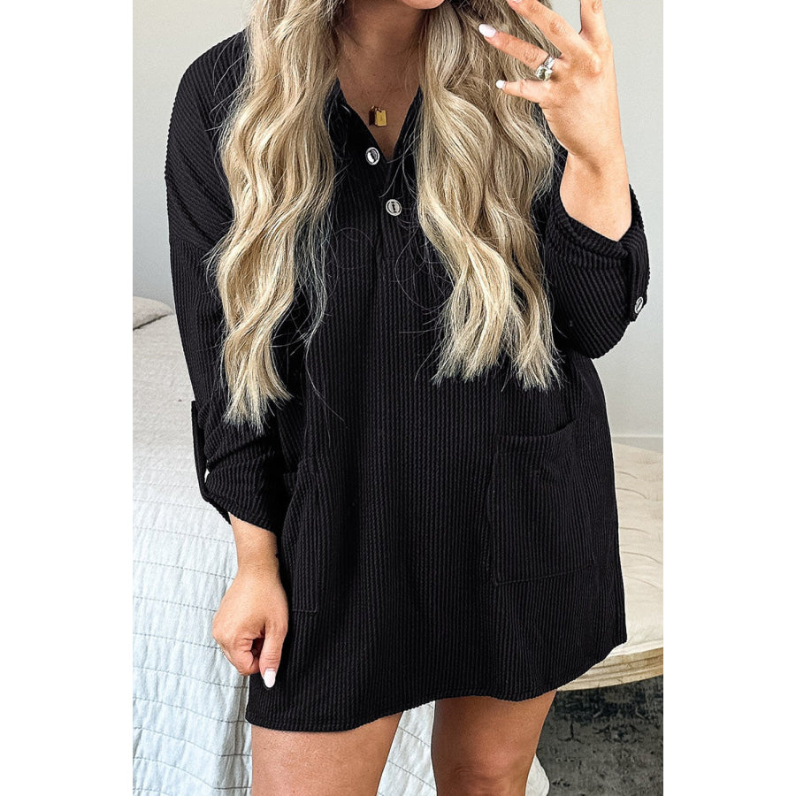 Plus Size Pocketed Long Sleeve Mini Dress Black / 1XL Apparel and Accessories