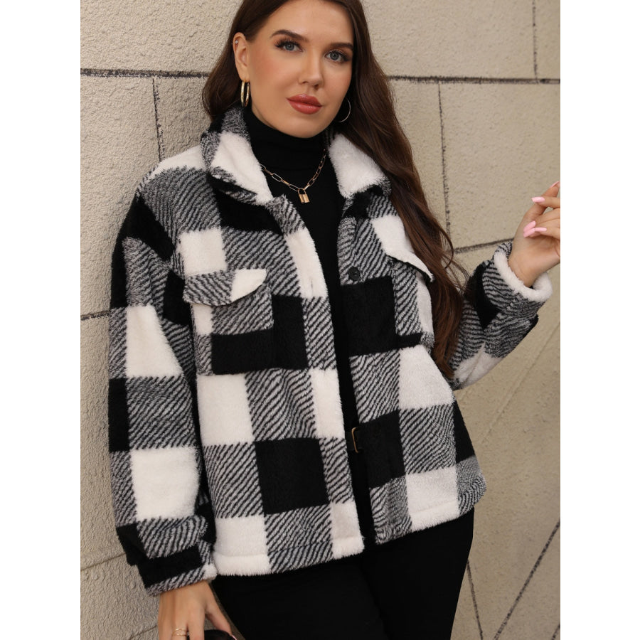 Plus Size Pocketed Plaid Collared Neck Jacket Black / 0XL Apparel and Accessories