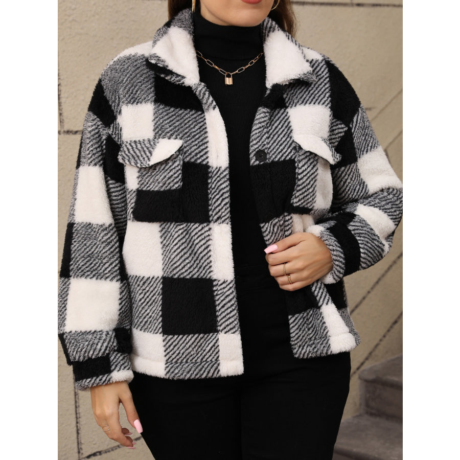 Plus Size Pocketed Plaid Collared Neck Jacket Black / 0XL Apparel and Accessories