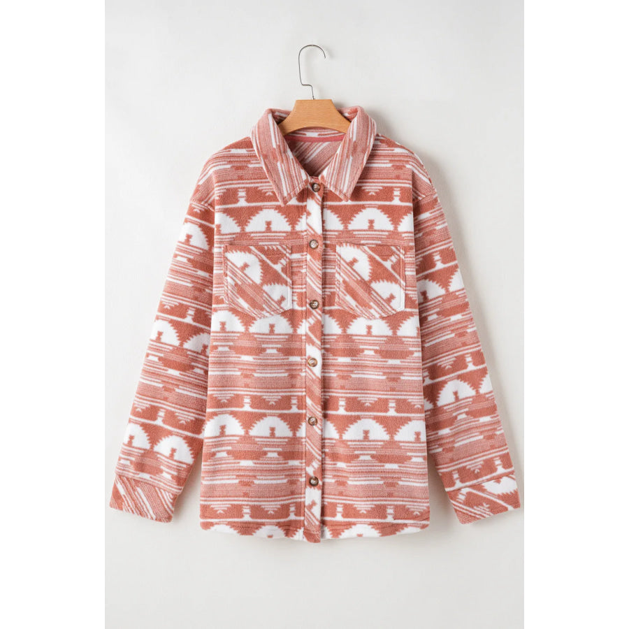 Plus Size Pocketed Printed Collared Neck Jacket Burnt Coral / 1XL Apparel and Accessories