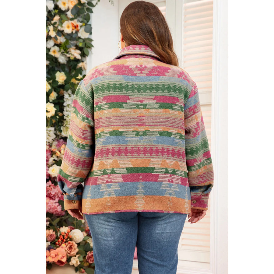 Plus Size Pocketed Printed Collared Neck Jacket Apparel and Accessories