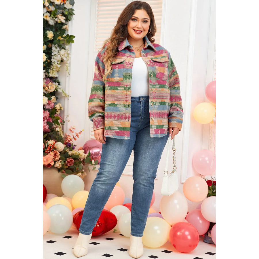 Plus Size Pocketed Printed Collared Neck Jacket Apparel and Accessories