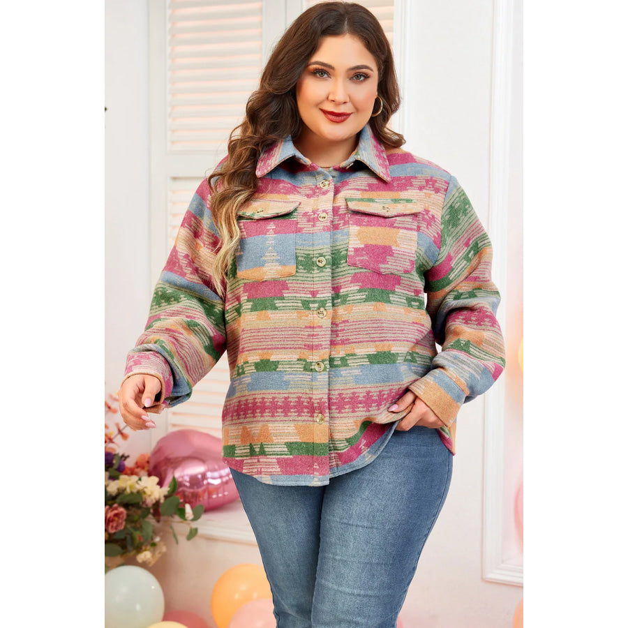 Plus Size Pocketed Printed Collared Neck Jacket Apparel and Accessories