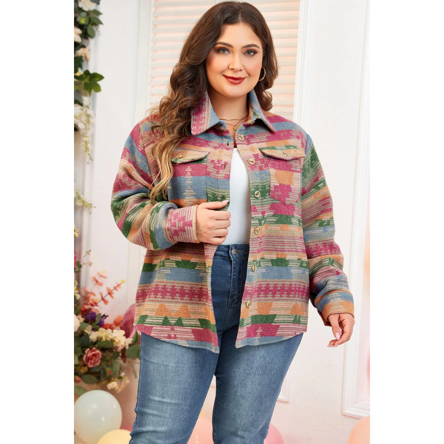 Plus Size Pocketed Printed Collared Neck Jacket Apparel and Accessories