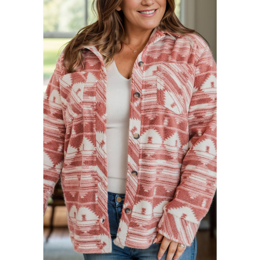 Plus Size Pocketed Printed Collared Neck Jacket Burnt Coral / 1XL Apparel and Accessories