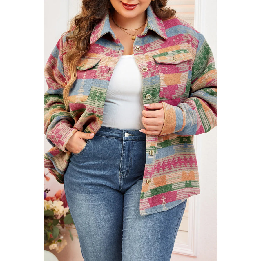 Plus Size Pocketed Printed Collared Neck Jacket Tan / 1XL Apparel and Accessories