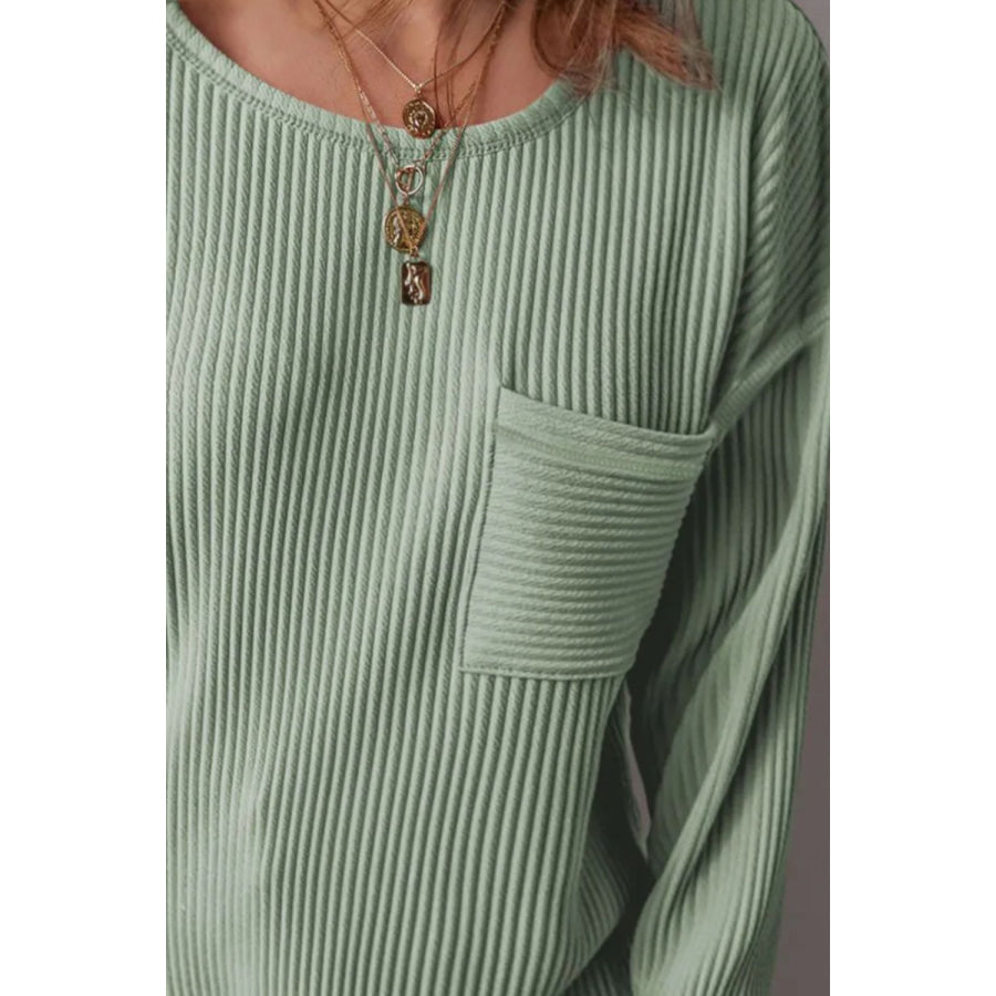 Plus Size Pocketed Ribbed Round Neck Long Sleeve Top Apparel and Accessories